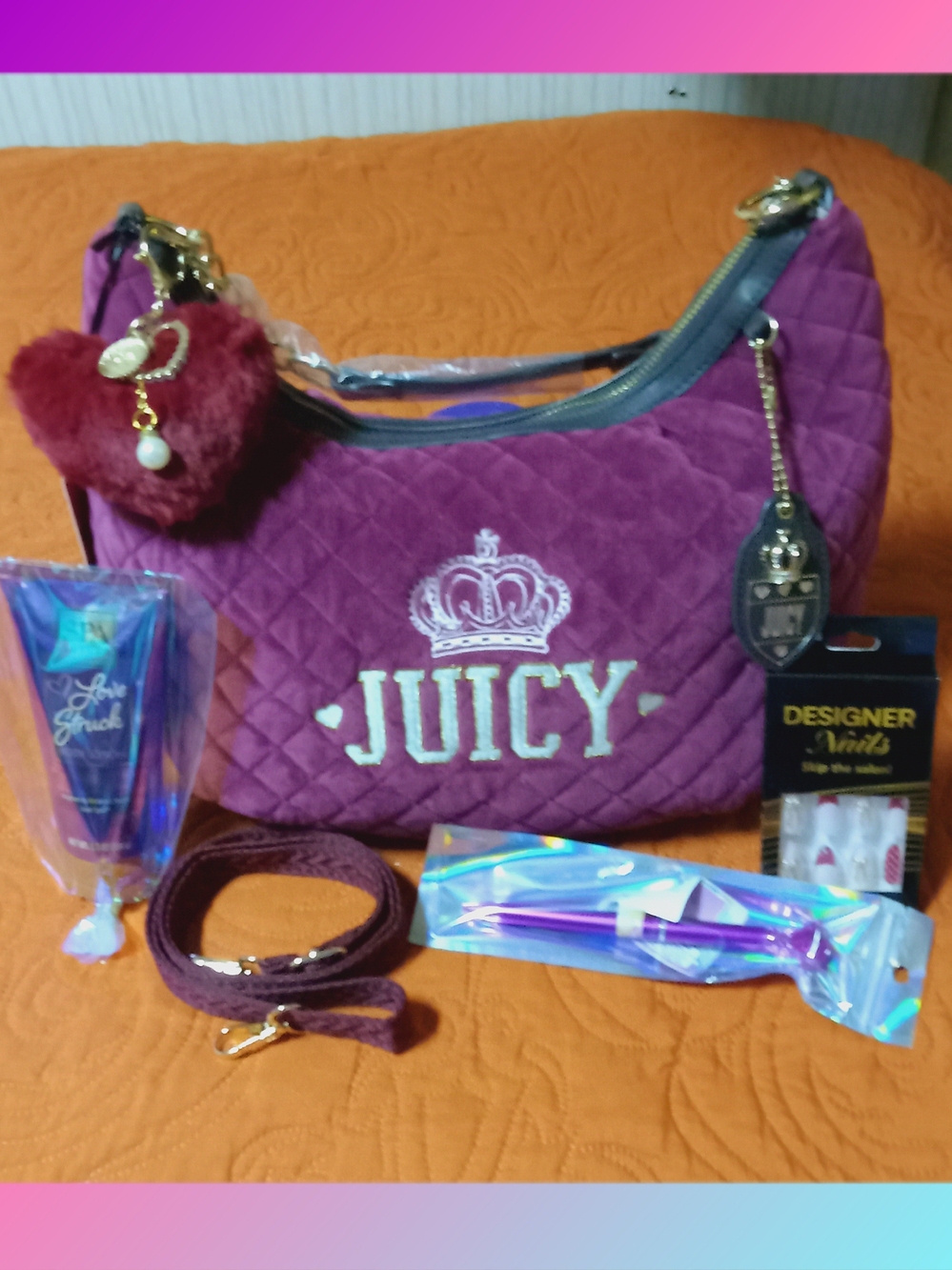 Womens Juicy Couture Plum Quilted Shoulder Bag with Heart Charm